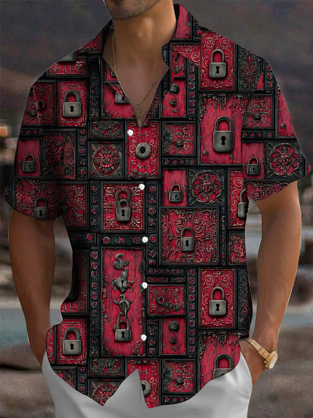 Adaychic Men's Vintage Style Vintage Padlock Pattern Short Sleeve Shirt with Chest Pocket