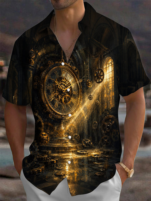Adaychic Men's Vintage Style Steampunk Clock Print Short Sleeve Shirt with Chest Pocket