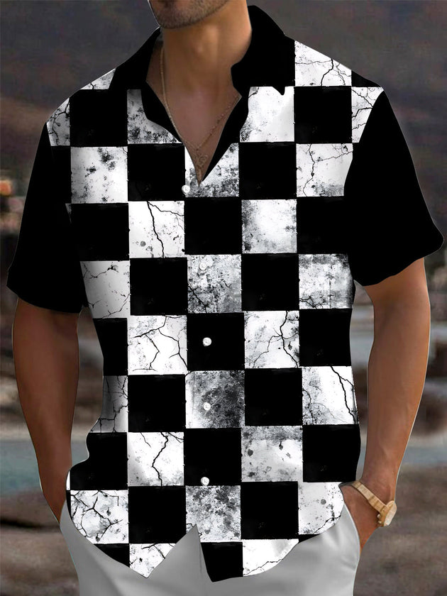 Adaychic Men's Patterned Black And White Checkerboard Print Short Sleeve Shirt with Chest Pocket