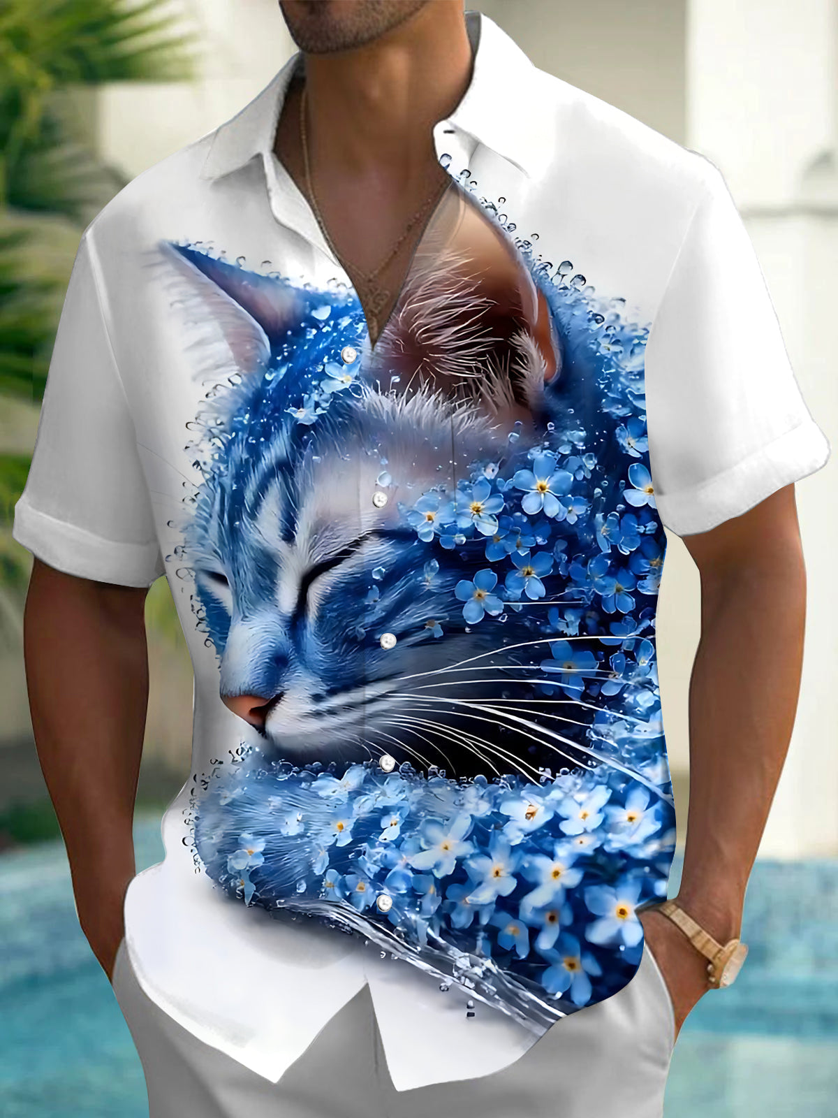 Adaychic Men's Printed Blue Cat Portrait Print Short Sleeve Shirt with Chest Pocket