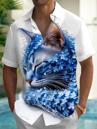 Adaychic Men's Printed Blue Cat Portrait Print Short Sleeve Shirt with Chest Pocket