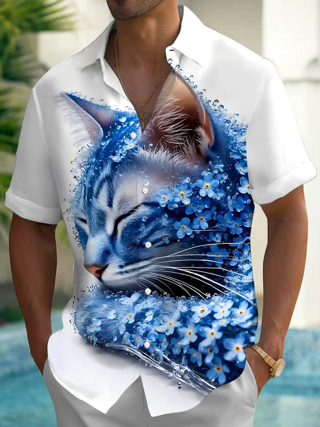 Adaychic Men's Printed Blue Cat Portrait Print Short Sleeve Shirt with Chest Pocket