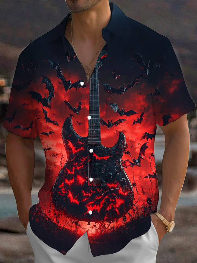 Adaychic Men's Graphic Electric Guitar Print Short Sleeve Shirt with Chest Pocket