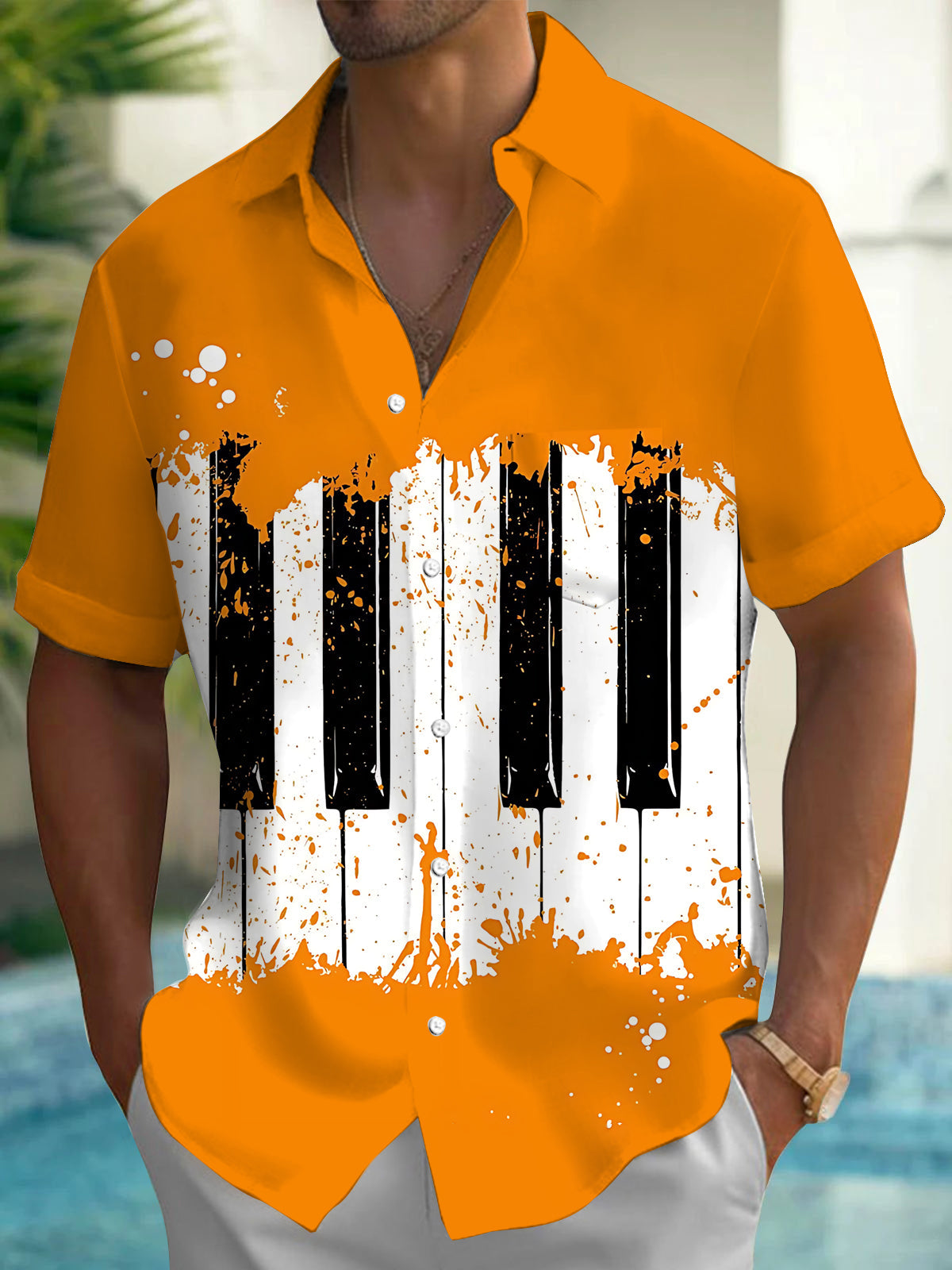 Adaychic Men's Graphic Piano Keys Print Paint Splatter Print Short Sleeve Shirt with Chest Pocket