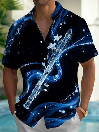 Adaychic Men's Hawaiian Crystal Flute Print Short Sleeve Shirt with Chest Pocket
