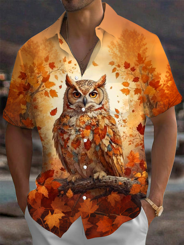 Adaychic Men's Graphic Autumn Owl Print Maple Leaves Print Short Sleeve Shirt with Chest Pocket
