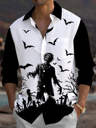 Adaychic Men's Graphic Halloween Print Long Sleeve Shirt with Chest Pocket