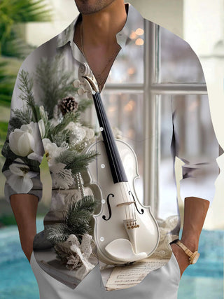 Adaychic Men's Printed White Violin Print Long Sleeve Shirt with Chest Pocket