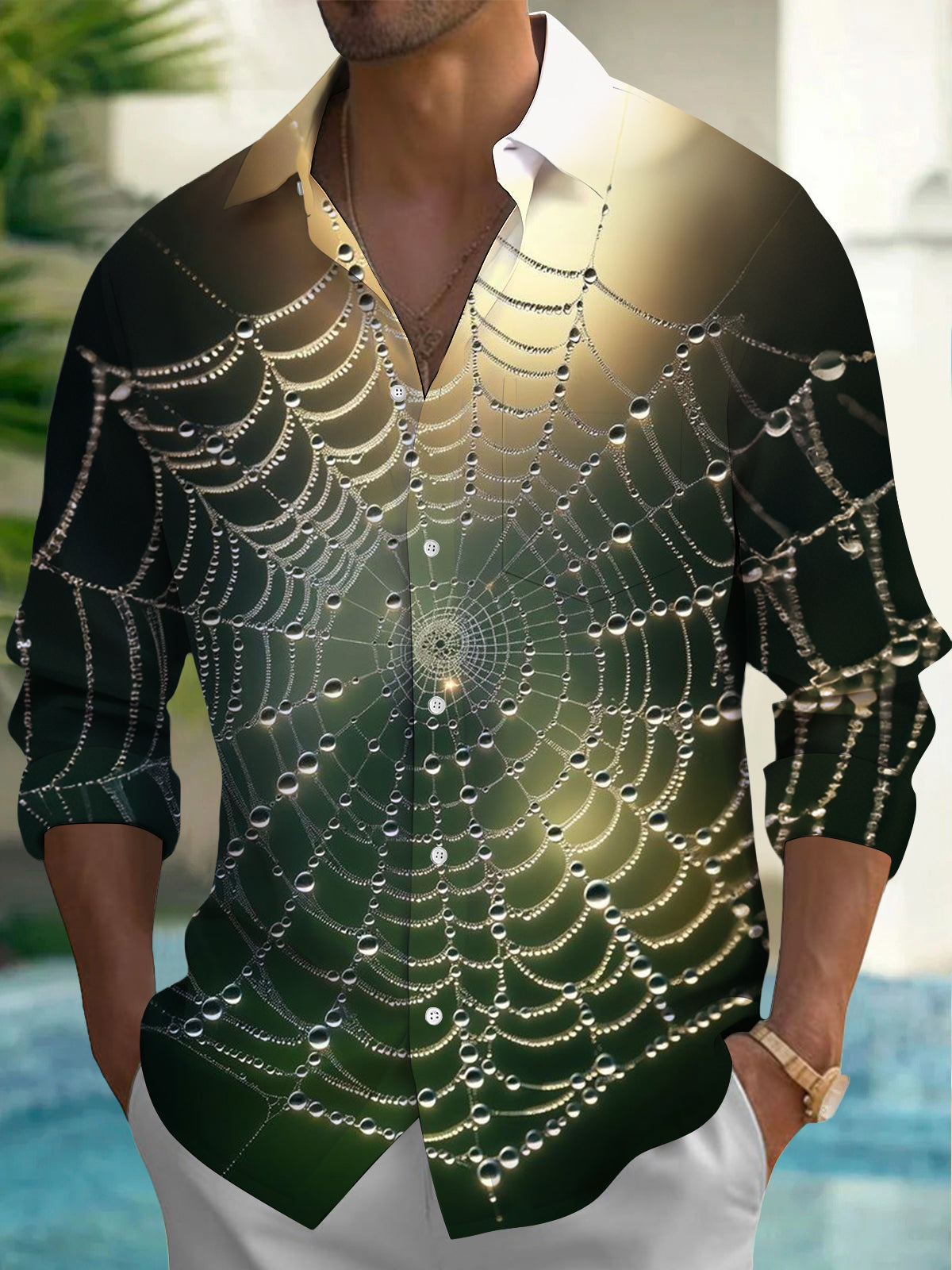 Adaychic Men's Graphic Spider Web With Dew Drops Print Long Sleeve Shirt with Chest Pocket