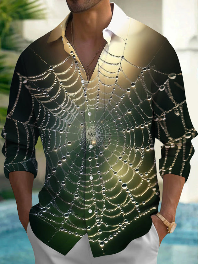 Adaychic Men's Graphic Spider Web With Dew Drops Print Long Sleeve Shirt with Chest Pocket