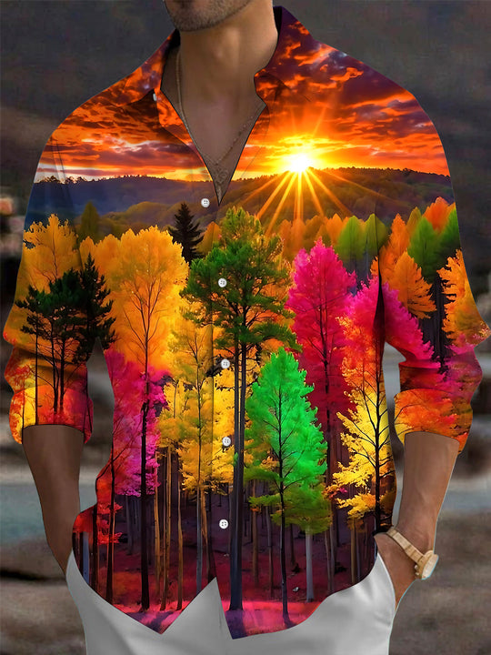 Adaychic Men's Printed Autumn Forest Sunset Print Long Sleeve Shirt with Chest Pocket