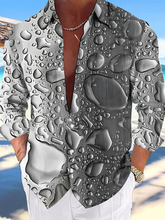 Adaychic Men's 3D Water Drop Pattern 3D Water Droplets Print Long Sleeve Shirt with Chest Pocket