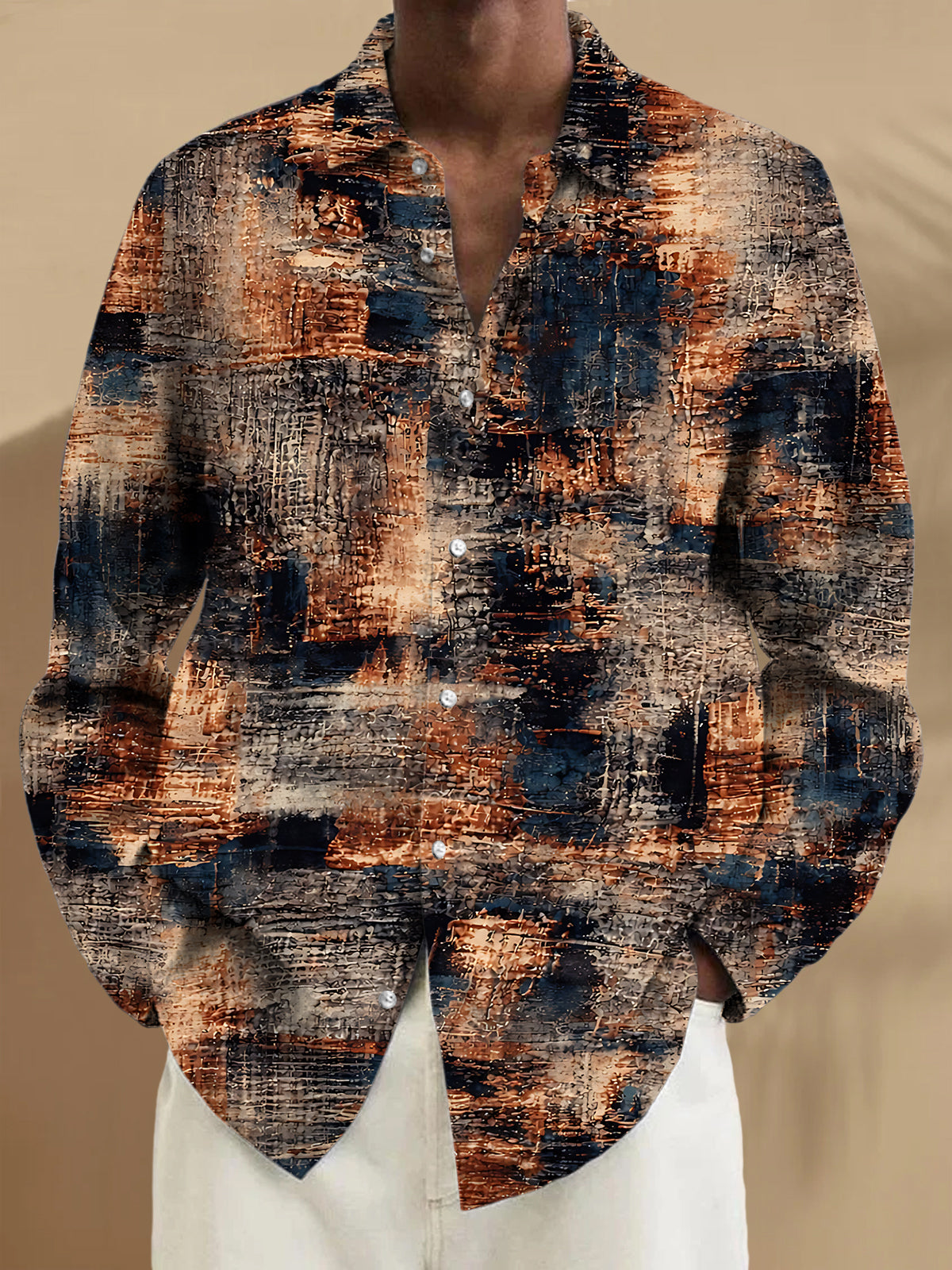 Adaychic Men's Vintage Style Abstract Textured Print Long Sleeve Shirt with Chest Pocket