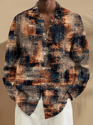 Adaychic Men's Vintage Style Abstract Textured Print Long Sleeve Shirt with Chest Pocket