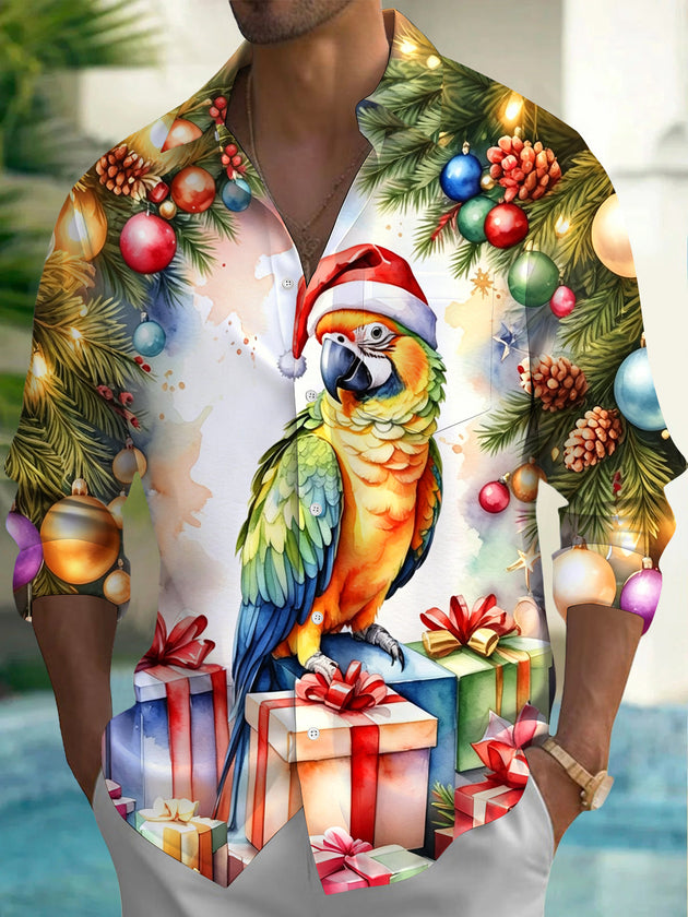 Adaychic Men's Hawaiian Christmas Parrot Print Long Sleeve Shirt with Chest Pocket