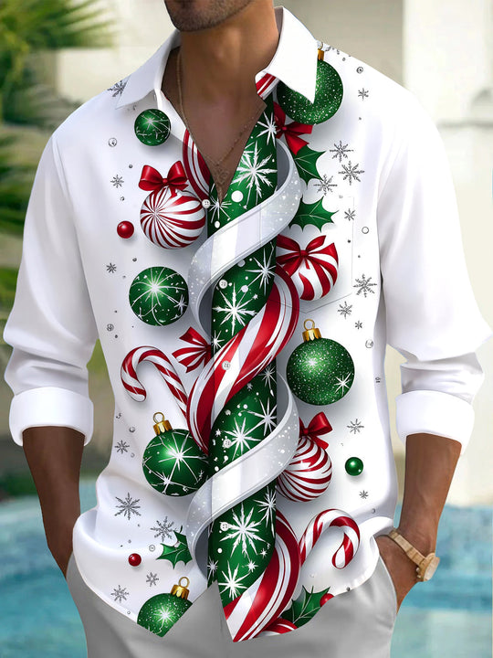 Adaychic Men's Printed Christmas Ornaments Print Long Sleeve Shirt with Chest Pocket