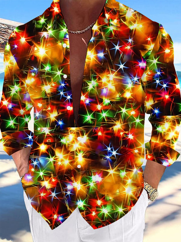 Adaychic Men's Printed Colorful Christmas Lights Print Long Sleeve Shirt with Chest Pocket