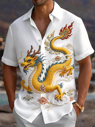 Adaychic Men's Graphic Chinese Dragon Print Short Sleeve Shirt with Chest Pocket