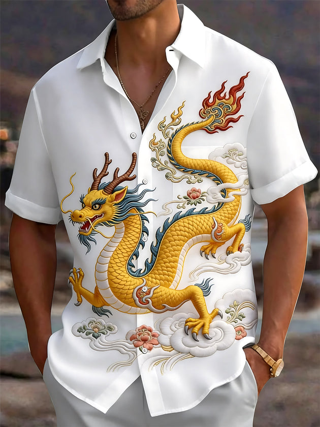 Adaychic Men's Graphic Chinese Dragon Print Short Sleeve Shirt with Chest Pocket