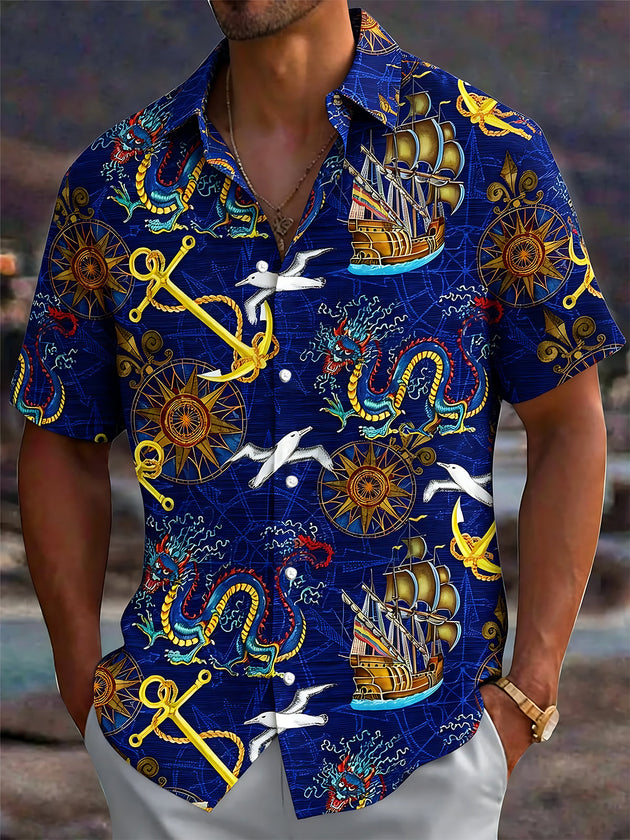 Adaychic Men's Hawaiian Nautical Dragon Print Short Sleeve Shirt with Chest Pocket