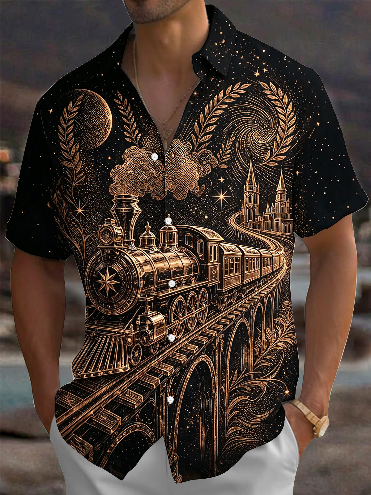 Adaychic Men's Printed Vintage Steam Train Print Short Sleeve Shirt with Chest Pocket