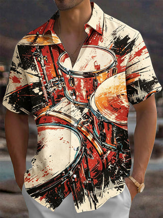 Adaychic Men's Graphic Drum Set Print Music Instrument Print Short Sleeve Shirt with Chest Pocket