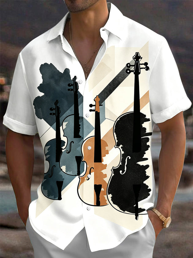 Adaychic Men's Graphic Violin Silhouette Print Short Sleeve Shirt with Chest Pocket
