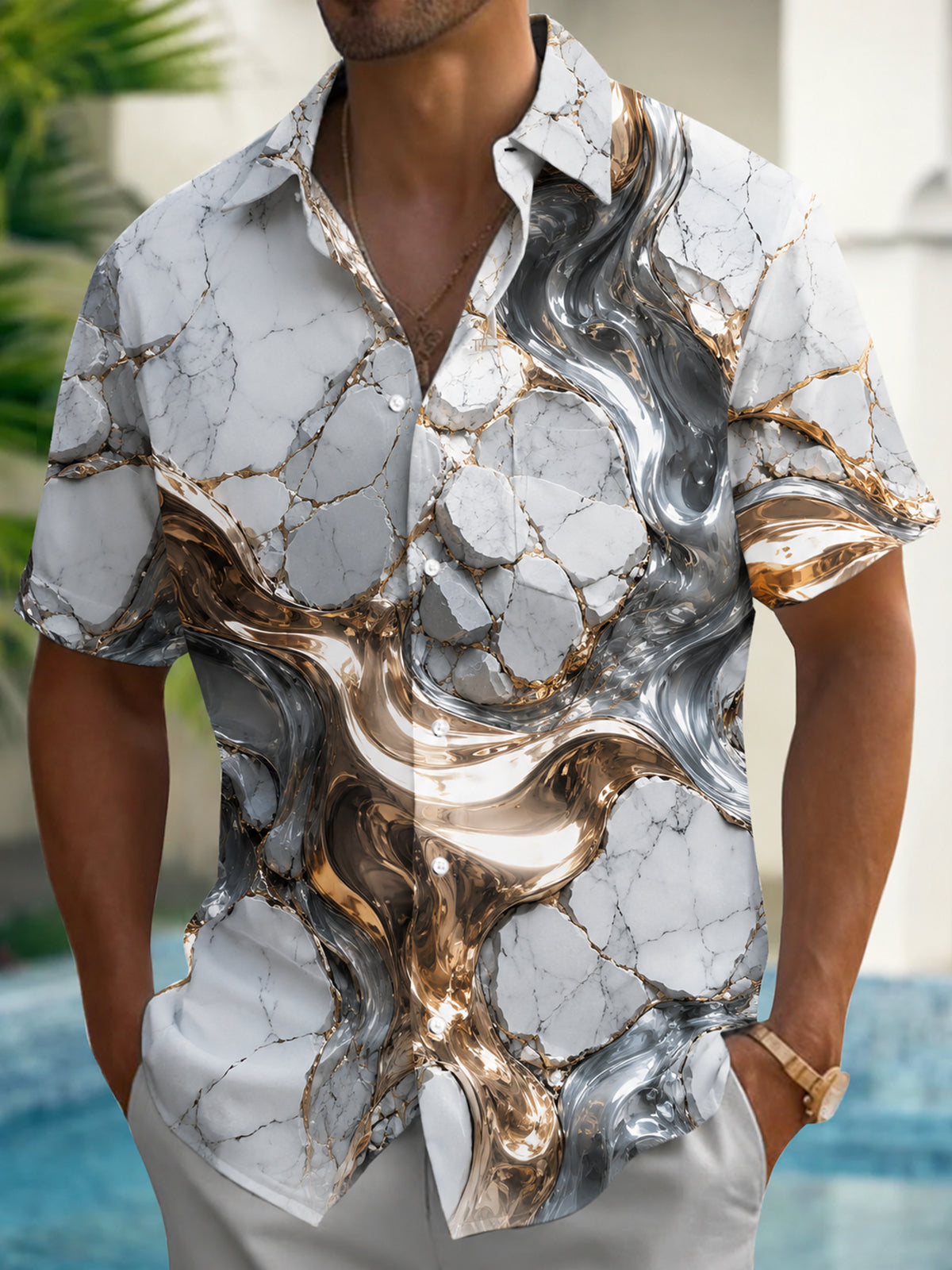 Adaychic Men's 3D Marble Texture Print Short Sleeve Shirt with Chest Pocket