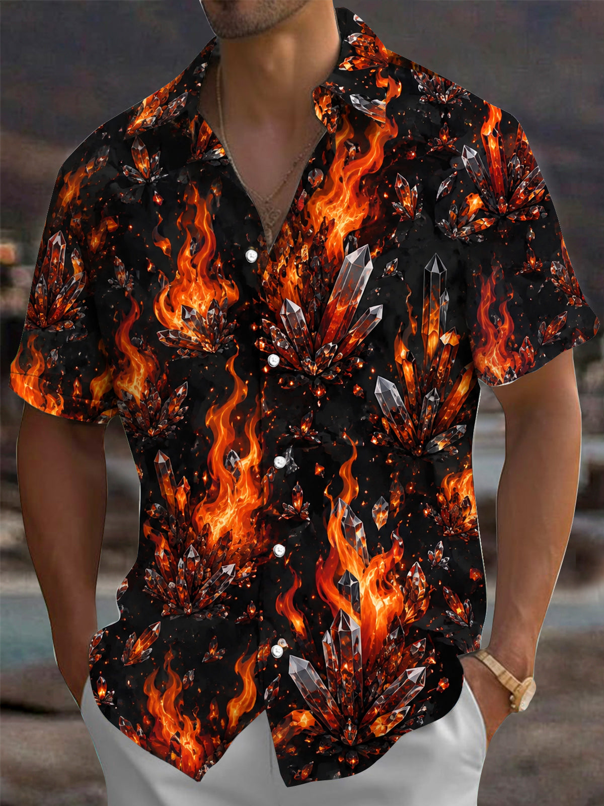 Adaychic Men's Printed Flame Crystal Print Short Sleeve Shirt with Chest Pocket