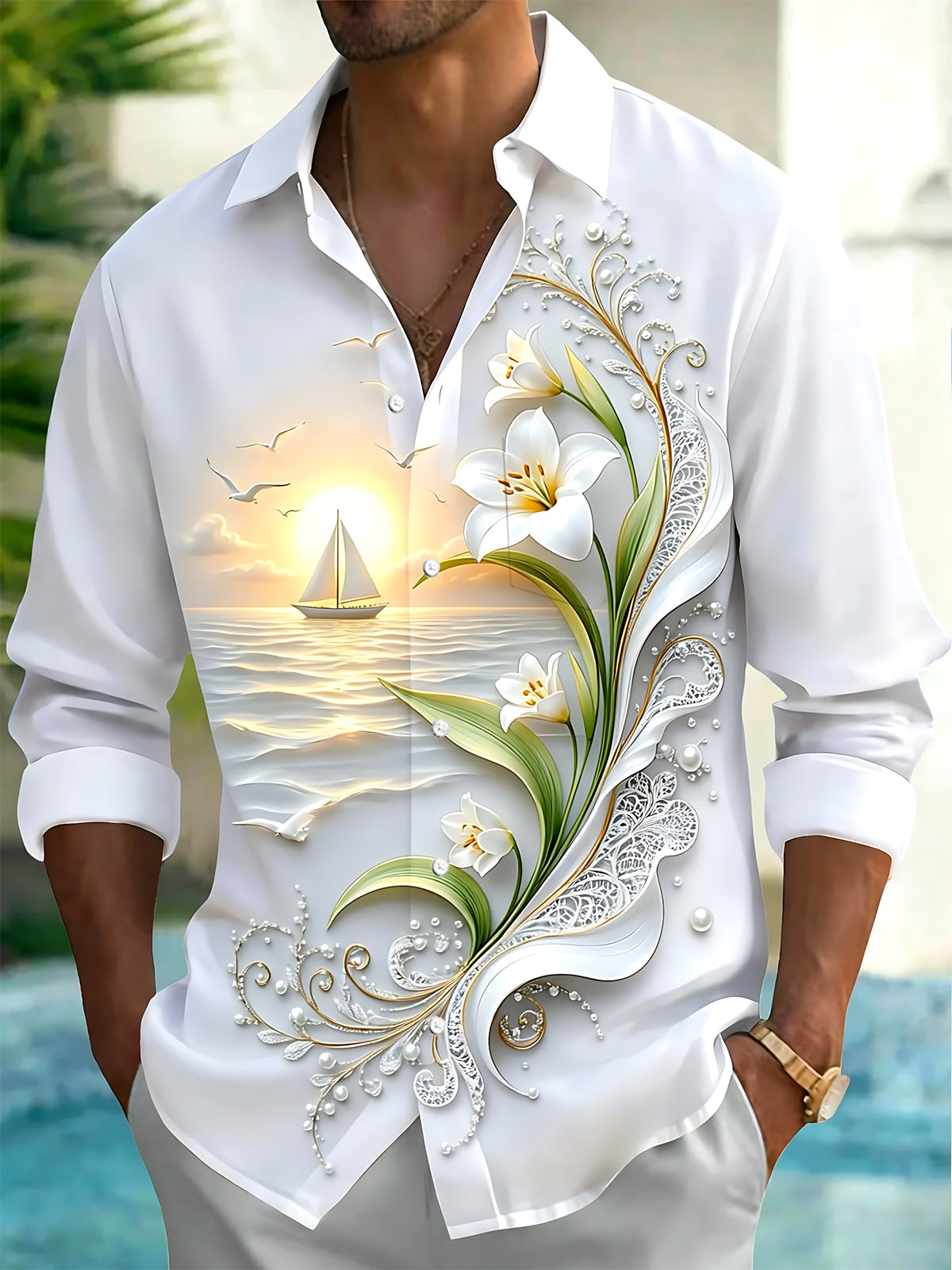 Adaychic Men's Printed Sailboat Sunset Print Long Sleeve Shirt with Chest Pocket