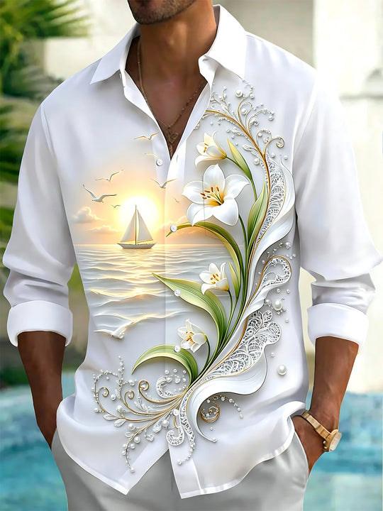 Adaychic Men's Printed Sailboat Sunset Print Long Sleeve Shirt with Chest Pocket