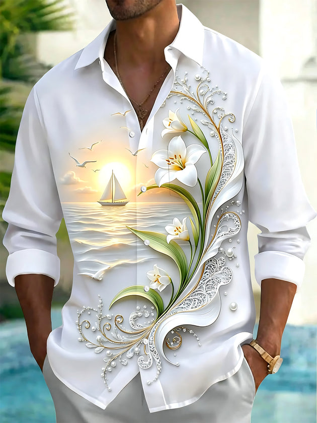 Adaychic Men's Printed Sailboat Sunset Print Long Sleeve Shirt with Chest Pocket