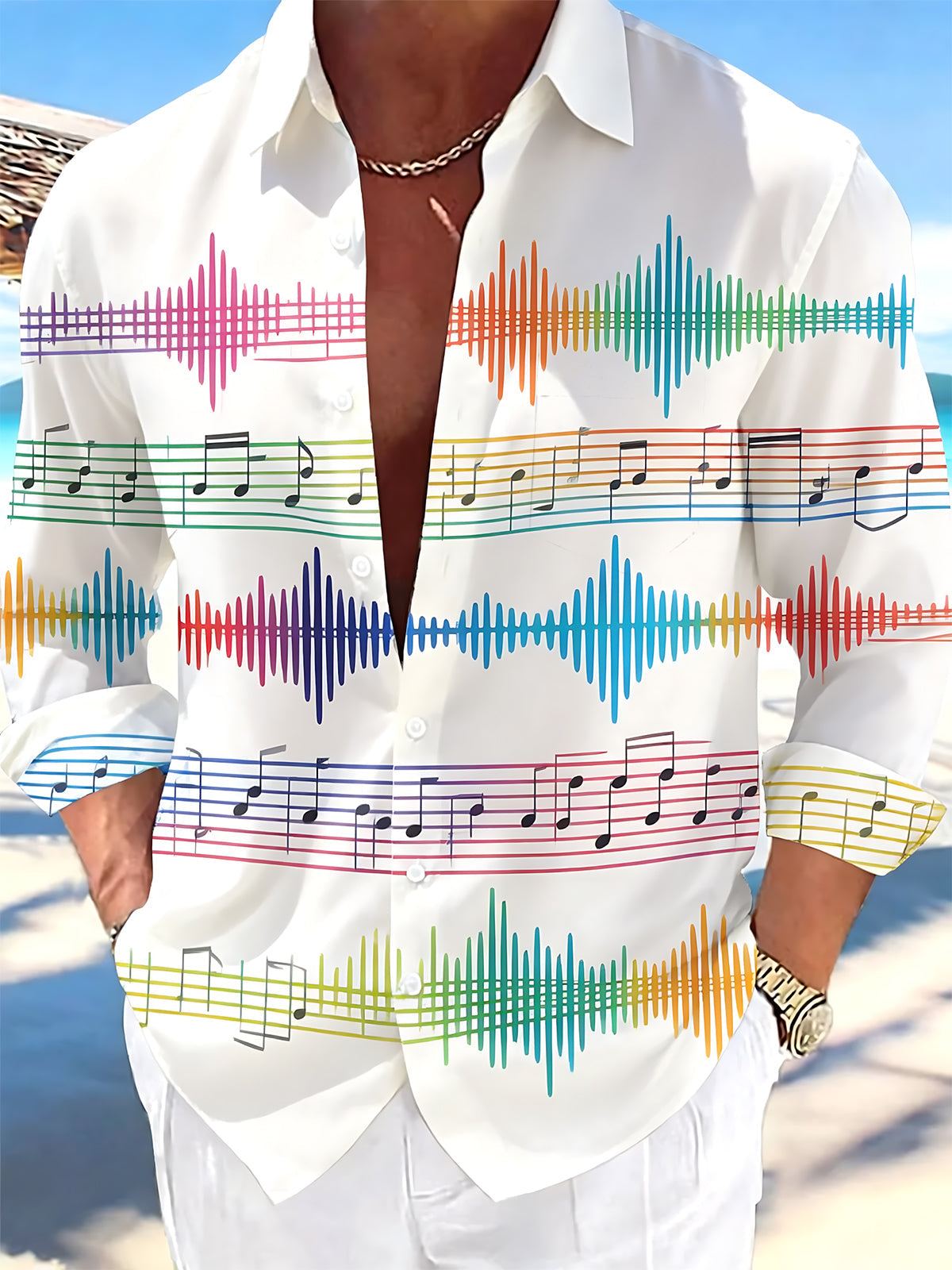 Adaychic Men's Graphic Colorful Music Notes Print Long Sleeve Shirt with Chest Pocket