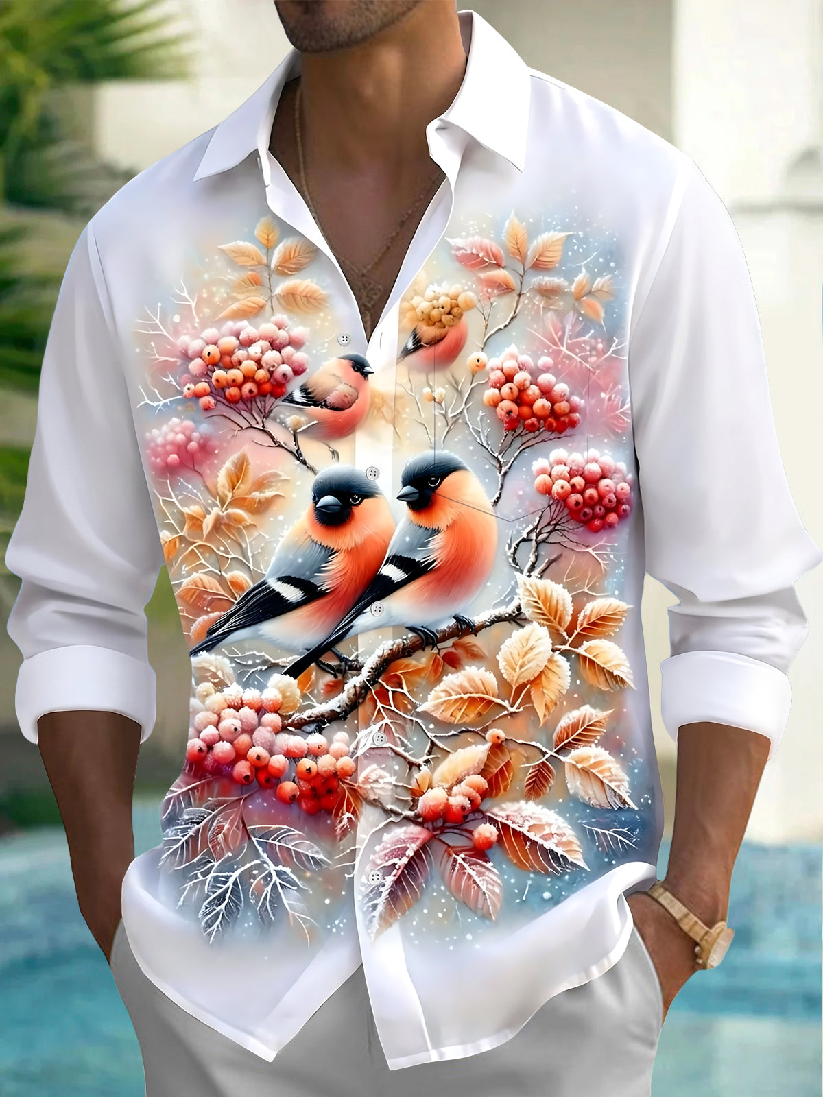 Adaychic Men's Printed Winter Birds Print Long Sleeve Shirt with Chest Pocket