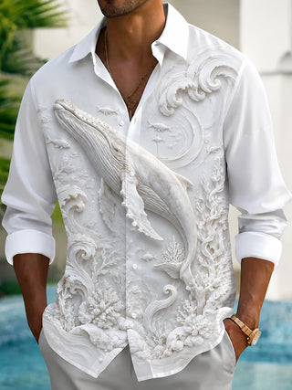 Adaychic Men's Graphic 3D Whale Relief Print Long Sleeve Shirt with Chest Pocket