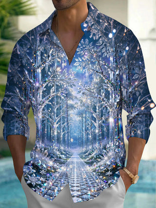 Adaychic Men's Printed Crystal Forest Path Print Long Sleeve Shirt with Chest Pocket