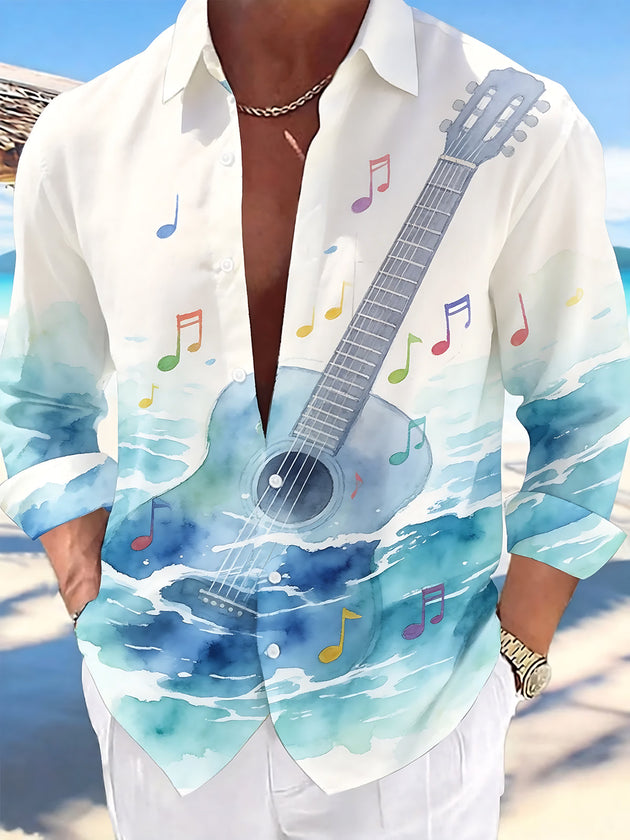 Adaychic Men's Hawaiian Guitar Print Musical Notes Print Long Sleeve Shirt with Chest Pocket