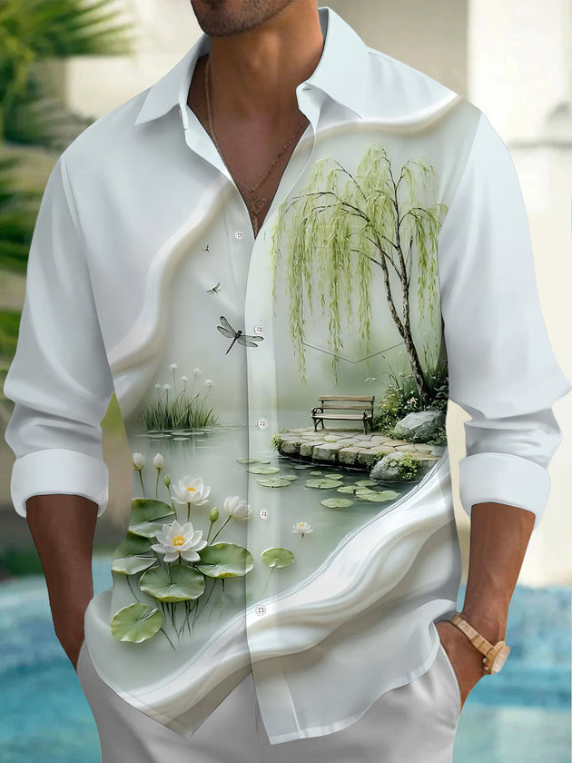 Adaychic Men's Printed Lotus Pond Landscape Print Long Sleeve Shirt with Chest Pocket