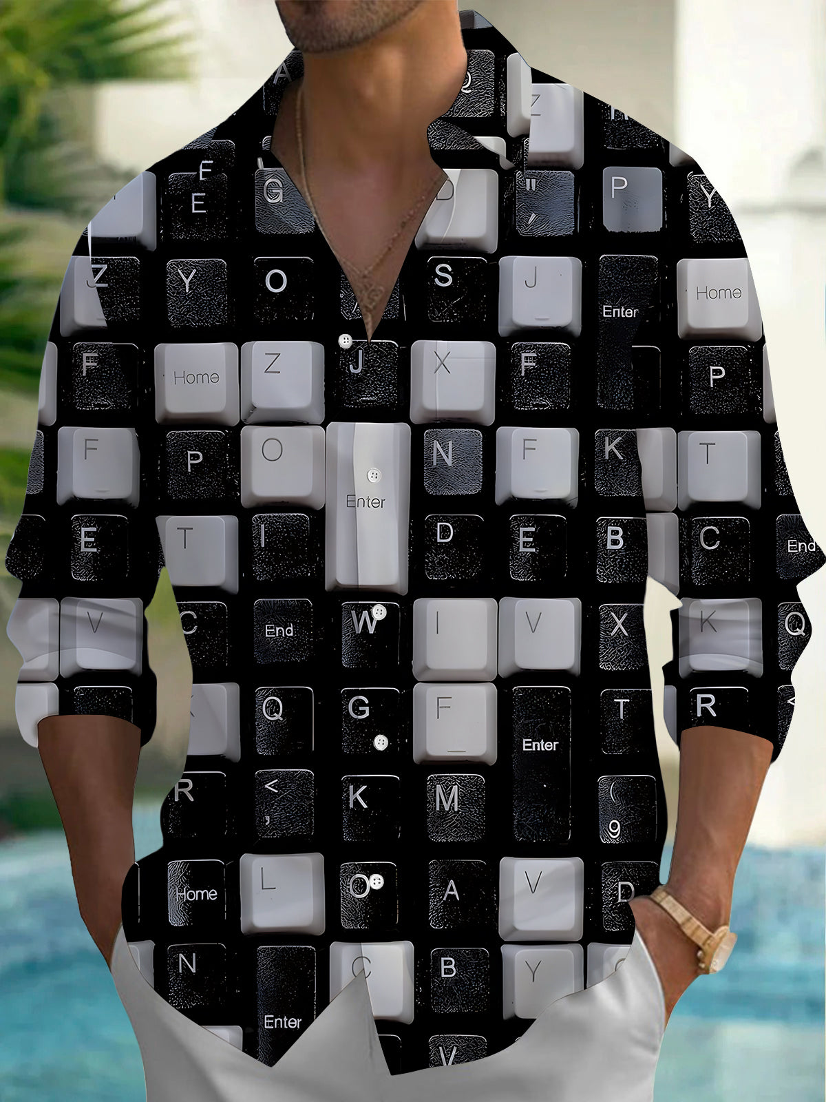 Adaychic Men's Graphic Tech Print Gamer Print Long Sleeve Shirt with Chest Pocket