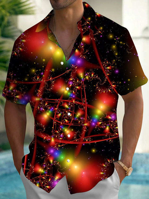 Adaychic Men's Printed Colorful Fractal Lines Print Short Sleeve Shirt with Chest Pocket