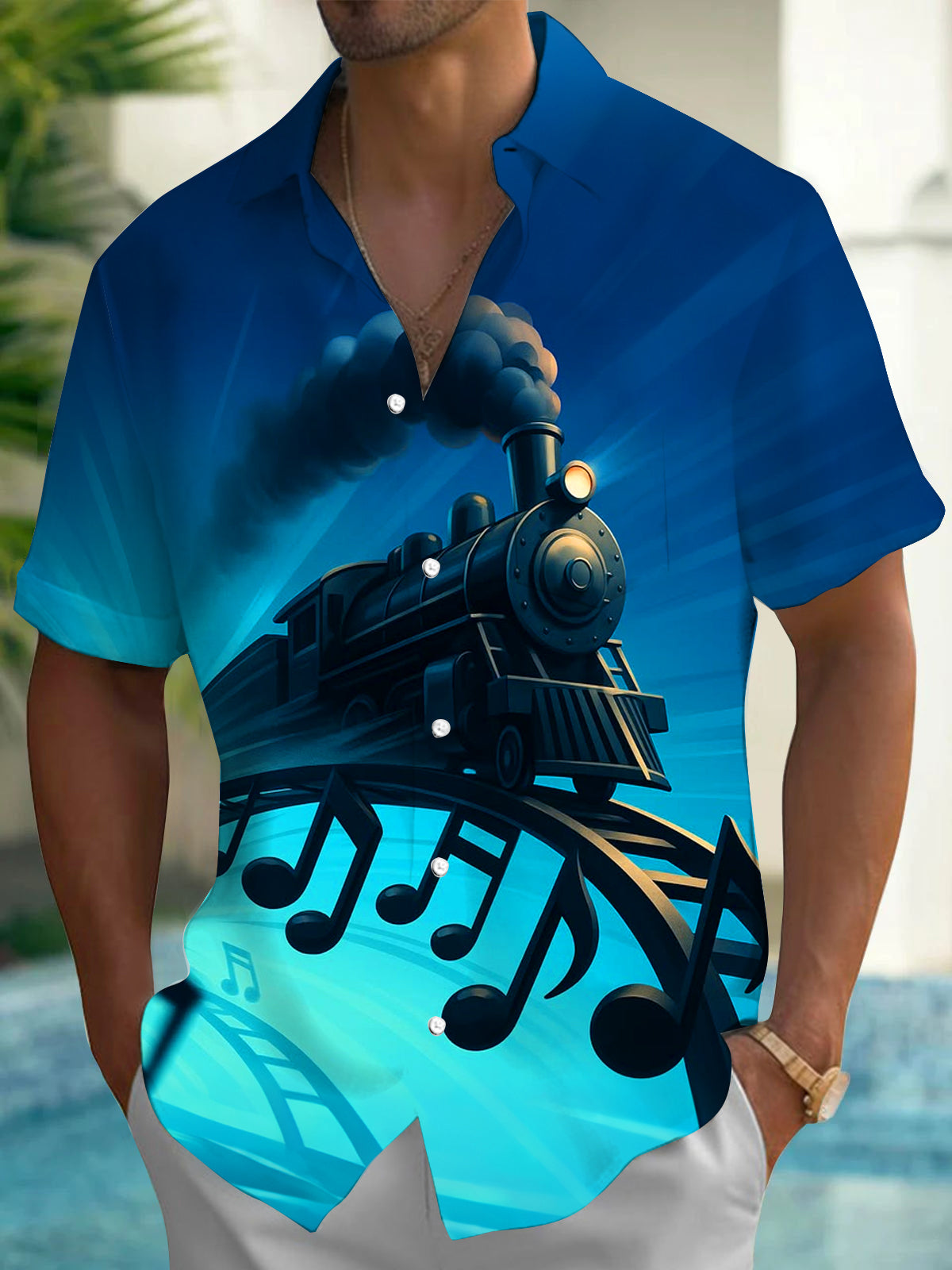 Adaychic Men's Hawaiian Steam Train Print Short Sleeve Shirt with Chest Pocket