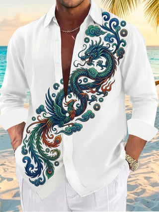 Adaychic Men's Graphic Dragon And Phoenix Print Long Sleeve Shirt with Chest Pocket