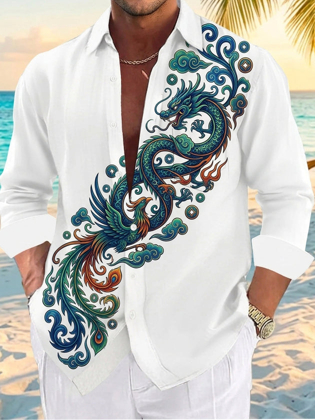 Adaychic Men's Graphic Dragon And Phoenix Print Long Sleeve Shirt with Chest Pocket