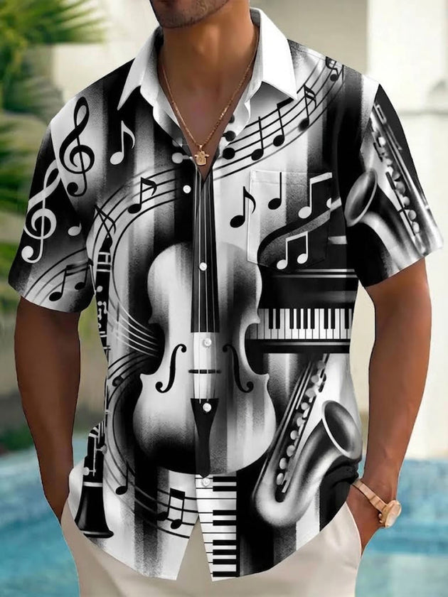 Adaychic Men's Graphic Musical Instruments Print Short Sleeve Shirt with Chest Pocket