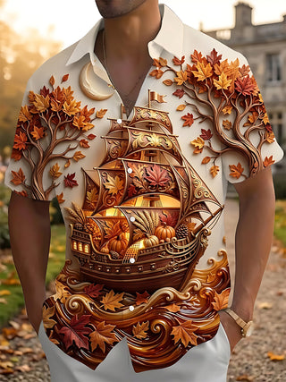 Adaychic Men's Graphic Autumn Sailing Ship Print Short Sleeve Shirt with Chest Pocket