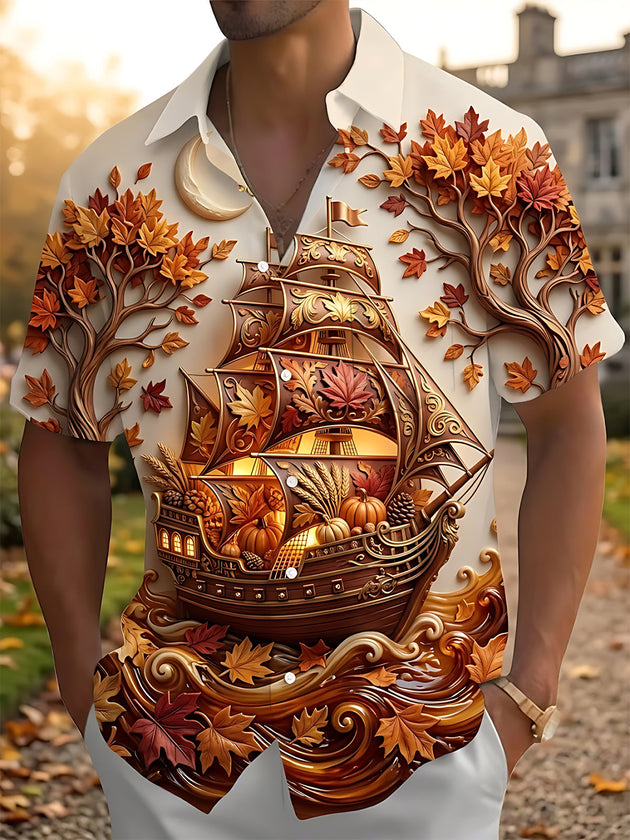 Adaychic Men's Graphic Autumn Sailing Ship Print Short Sleeve Shirt with Chest Pocket