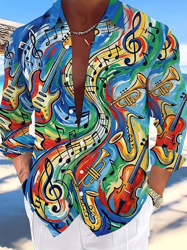 Adaychic Men's Hawaiian Musical Instruments Print Long Sleeve Shirt with Chest Pocket