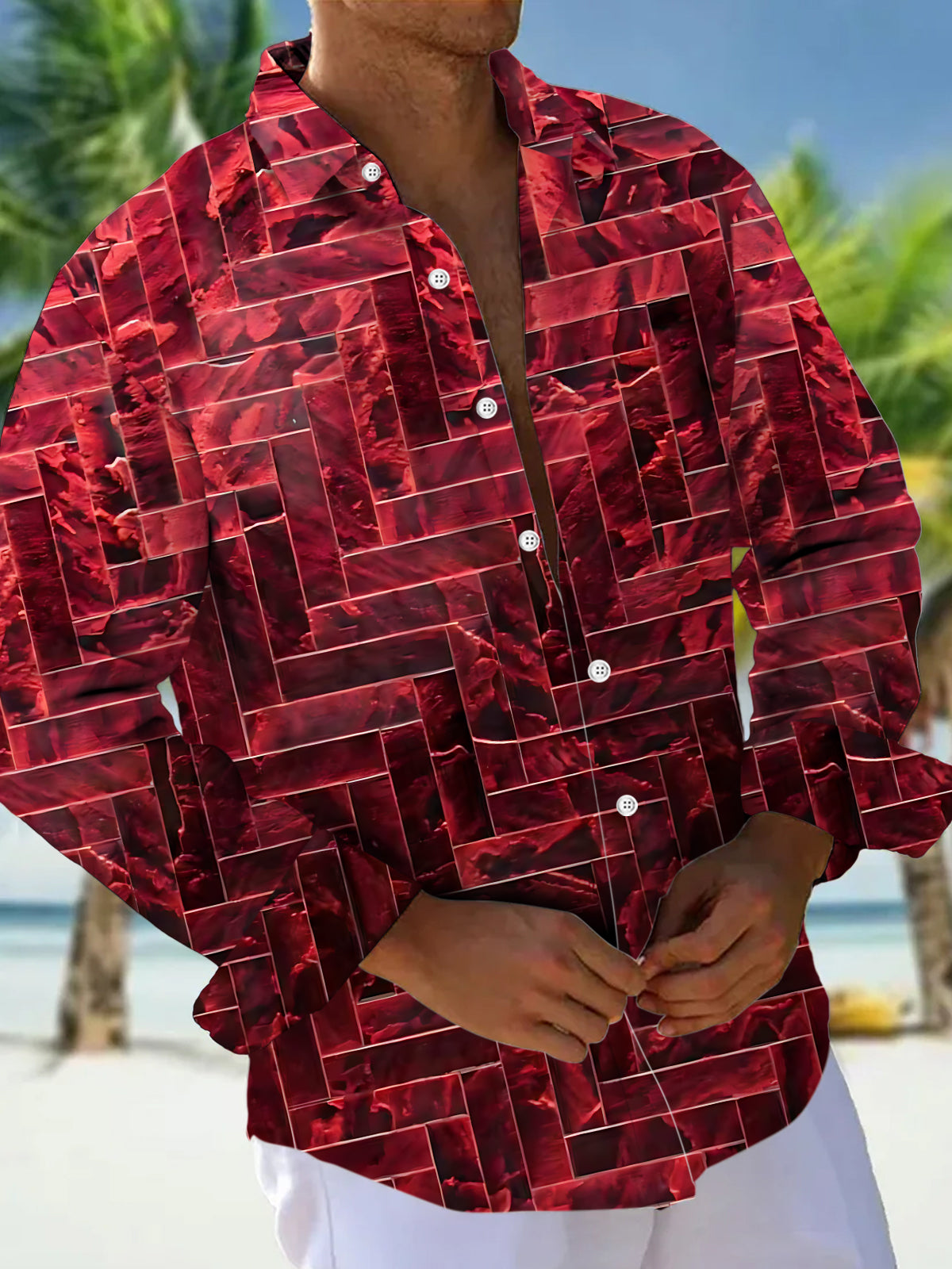 Adaychic Men's Printed Geometric Brick Pattern Long Sleeve Shirt with Chest Pocket