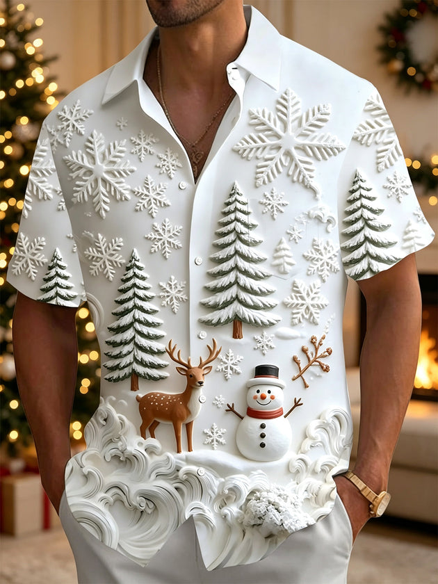 Adaychic Men's Graphic Christmas Winter Scene Print Short Sleeve Shirt with Chest Pocket