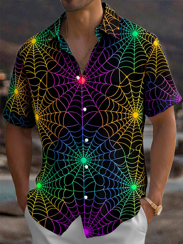 Adaychic Men's Patterned Rainbow Spider Web Print Short Sleeve Shirt with Chest Pocket